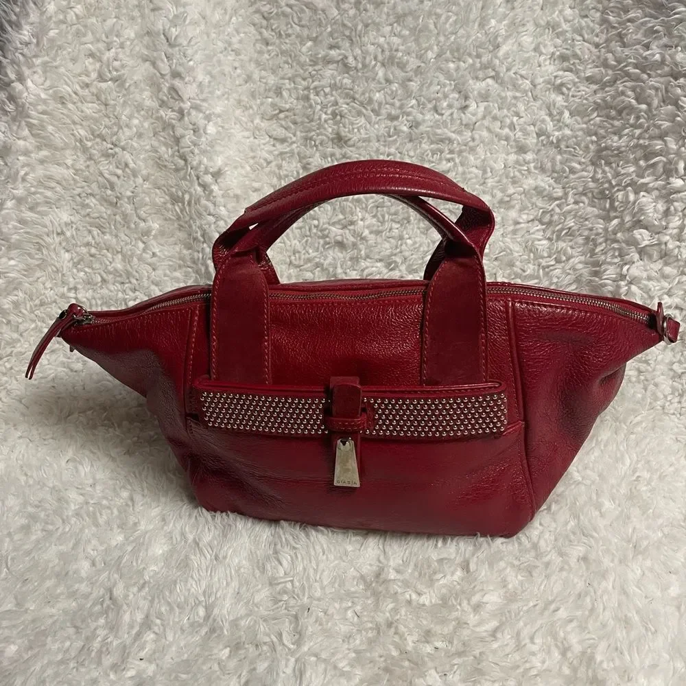 Francesco Biasia leather & suede deep Red medium Satchel gold studs accents.
